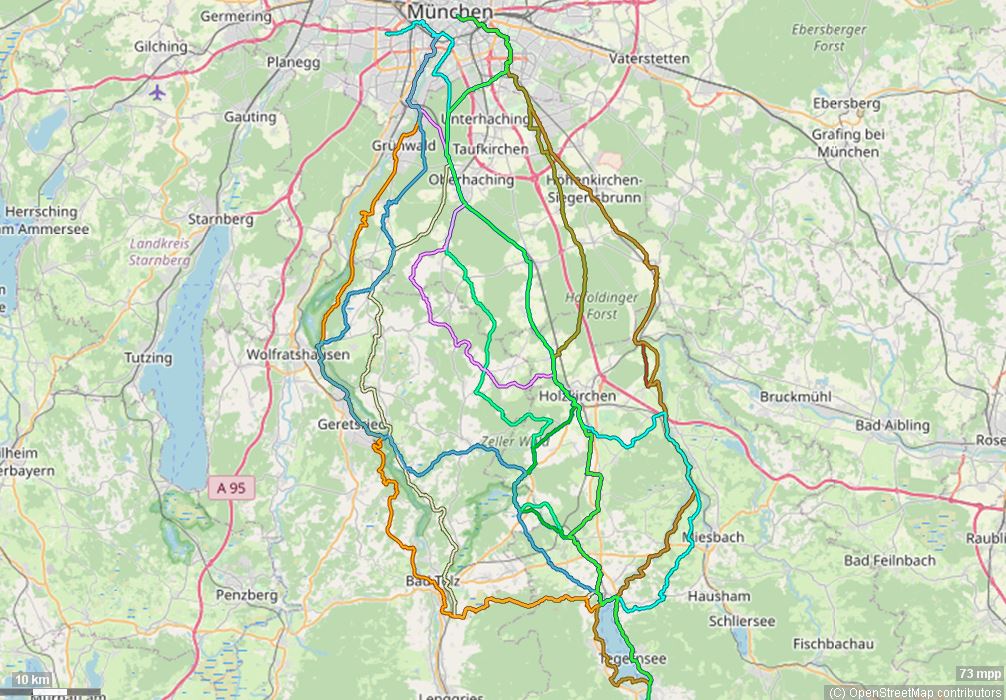 Karte mit Radrouten von München an den Tegernsee, nach Gmund, Rottach-Egern, Kreuth oder weiter bis an den Achensee