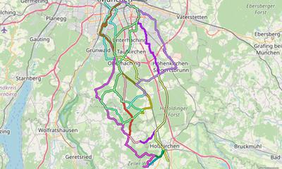Karte mit Radrouten von München nach Holzkirchen, Sauerlach und Umgebung
