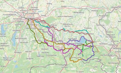 Karte mit Radrouten von München in den Chiemgau: Inzell, Ruhpolding, Schleching, Reit im Winkl, Traunstein und viele mehr