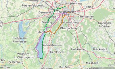 Karte mit Radrouten von München an den Starnberger See: nach Starnberg, Tutzing oder Seeshaupt