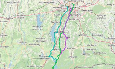Karte mit Radrouten von München an den Kochelsee, den Walchensee und Benediktbeuern