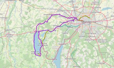 Karte mit Radrouten von München an den Ammersee: Eching, Herrsching, Dießen, Schondorf und Andechs