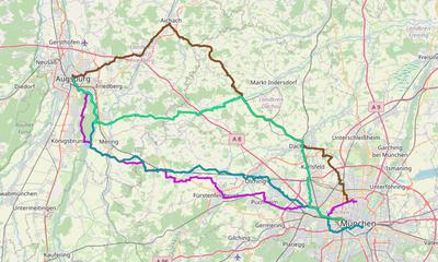 Karte mit Radrouten von München nach Augsburg