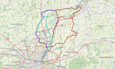 Karte mit Radrouten von München nach Freising, Moosburg, Kranzberg und ins Ampertal