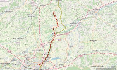 Karte mit Radrouten von München in die Hallertau: Abensberg, Mainburg und Au