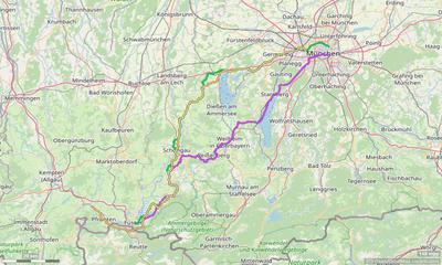 Karte mit Radrouten von München ins Allgäu