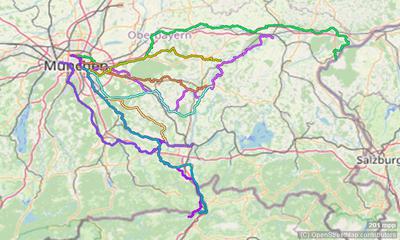 Karte mit Radrouten von München nach Burghausen, Mühldorf, Altötting und weiteren Zielen an Inn und Salzach