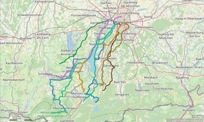 Karte mit Radrouten von München in den Pfaffenwinkel und den Ammergau: Schloss Linderhof, Ettal, Bad Kohlgrub, Riegsee, Benediktbeuern, Kochel oder St. Johannisrain