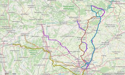 Karte mit Radrouten von München an die Donau: Ingolstadt, Weltenburg, Donauwörth, Günzburg, Regensburg