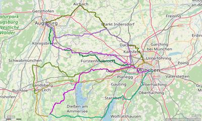 Karte mit Radrouten von München an den Lech: Augsburg, Landsberg, Reichling und Epfach