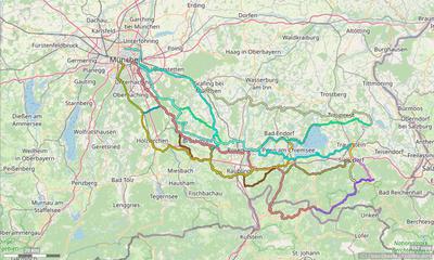 Karte mit Radrouten von München in den Chiemgau, an den Chiemsee und an den Waginger See: Inzell, Ruhpolding, Traunstein, Reit im Winkl, Waging am See, Seebruck, Prien, Bernau und viele mehr.