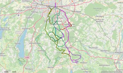 Karte mit Radrouten von München nach Holzkirchen, Warngau, Wall, Sauerlach und Umgebung