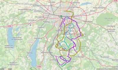 Karte mit Radrouten von München nach Dietramszell, Harmating, Baiernrain, auf den Jasberg und zu weiteren Zielen im Dietramszeller Land