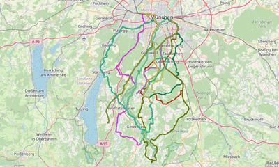 Karte mit Radrouten von München nach Wolfratshausen und Umgebung: Fürst-Tegernberg, Attenham, Ludwigshöhe, Thanninger Weiher und viele mehr