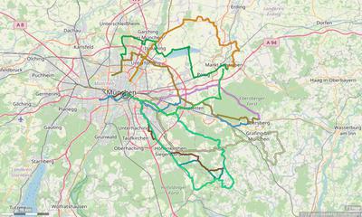 Karte mit Radrouten von München nach Ebersberg, an den Steinsee, nach Ast und viele mehr.