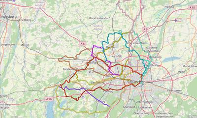 Karte mit Radrouten von München ins Dachauer und Fürstenfeldbrucker Land: Dachau, Petershausen, Mariabrunn, Grafrath, Türkenfeld und viele mehr.