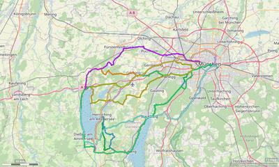 Karte mit Radrouten von München an den Ammersee: Herrsching, Schondorf, Dießen, Eching und viele mehr.