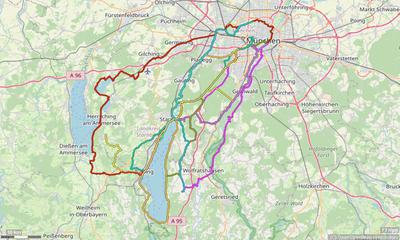 Karte mit Radrouten von München an den Starnberger See: Starnberg, Tutzing, Ambach, Possenhofen, Seeshaupt und weiter bis nach Andechs und an den Ammersee