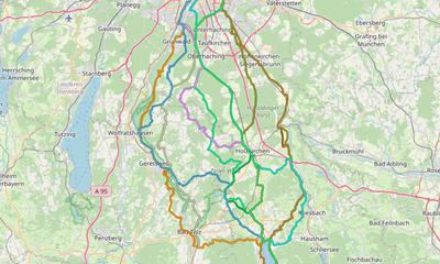 Karte mit Radrouten von München an den Tegernsee, nach Gmund, Rottach-Egern, Kreuth oder weiter bis an den Achensee