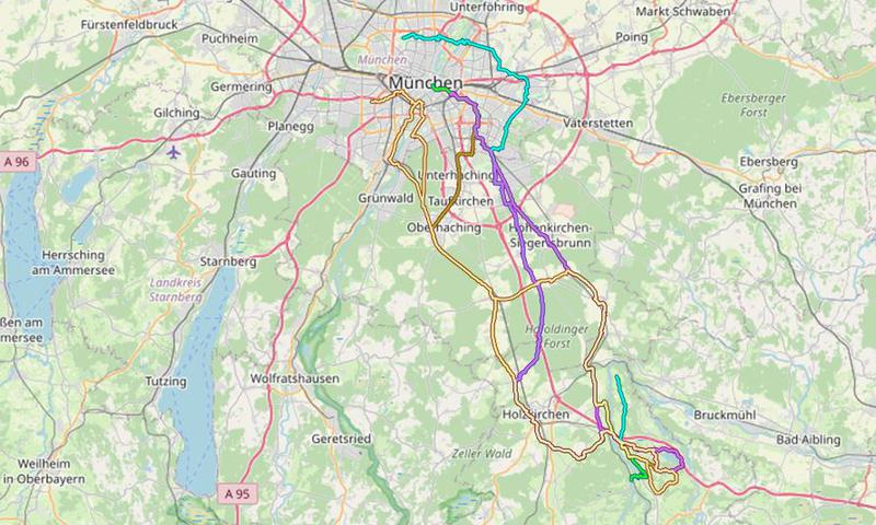 Karte mit Radrouten von München nach Weyarn, an den Seehamer See und zu Orten in der Nähe