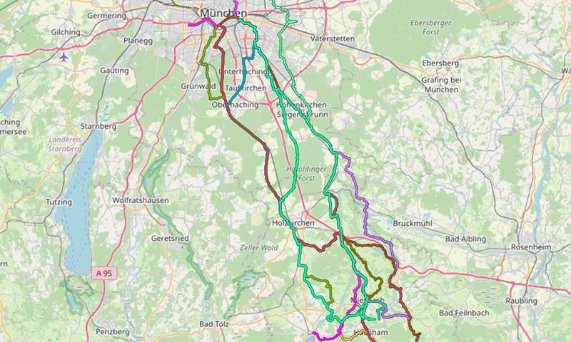 Karte mit Radrouten von München nach Miesbach, Schliersee und ins Miesbacher Oberland