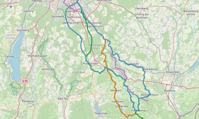 Karte mit Radrouten von München nach Bayrischzell und Fischbachau