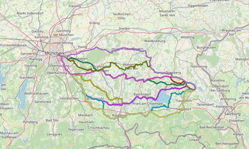 Karte mit Radrouten von München an den Waginger See