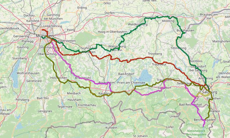 Karte mit Radrouten von München in das Berchtesgadener Land: Königssee, Berchtesgaden und Bad Reichenhall