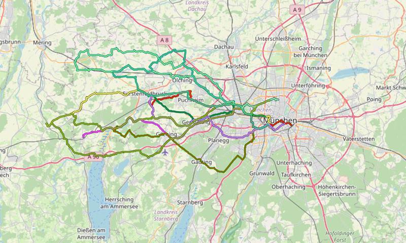 Karte mit Radrouten von München nach Fürstenfeldbruck und ins Fürstenfeldbrucker Land