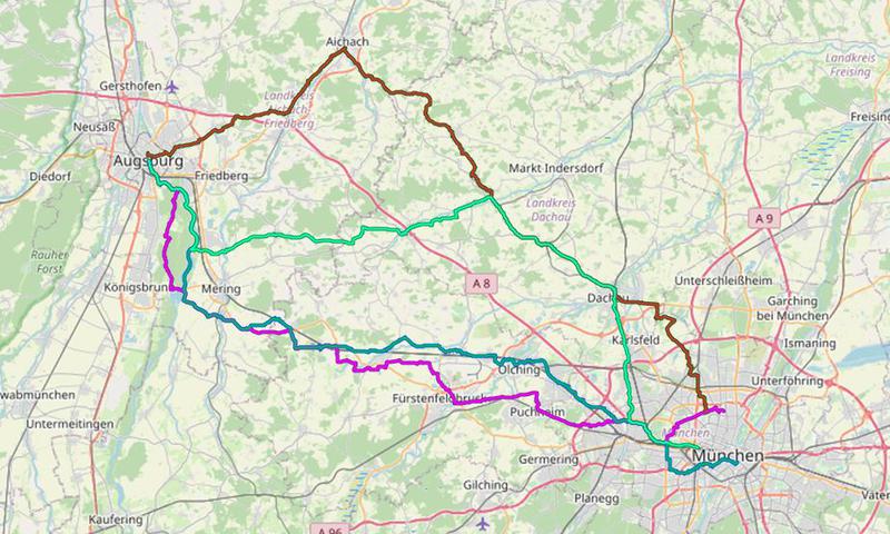 Karte mit Radrouten von München nach Augsburg