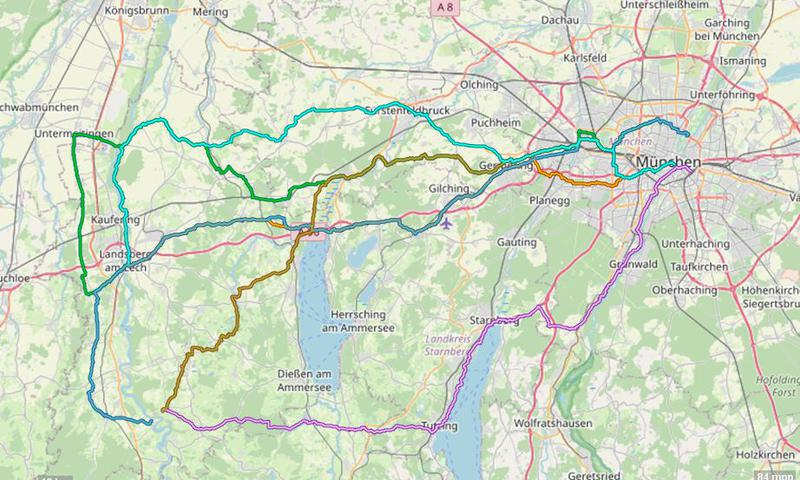 Karte mit Radrouten von München nach Landsberg und an den Lech