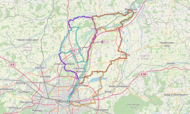 Karte mit Radrouten von München nach Freising, Moosburg, Kranzberg und ins Ampertal