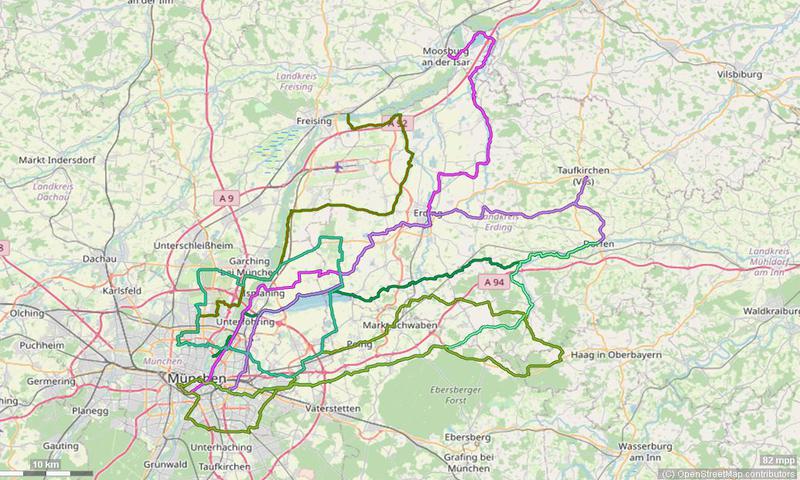 Karte mit Radrouten von München in das und durch das Erdinger Land, an Vils und Isen, Isar Speicherseen, Maitenbeth und Haag