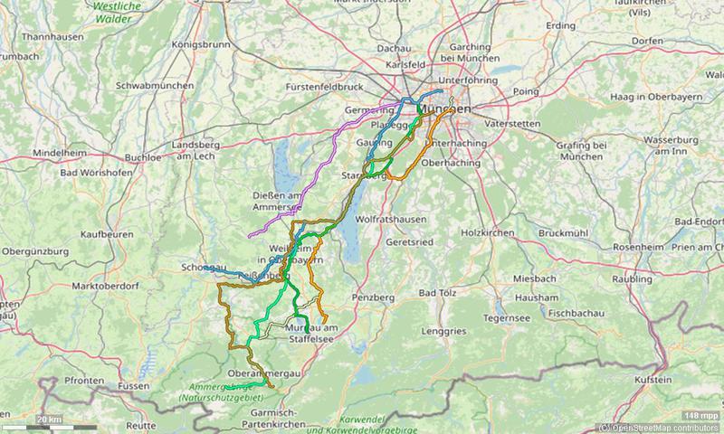 Karte mit Radrouten von München in den Pfaffenwinkel und den Ammergau: Schloss Linderhof, Ettal, Bad Kohlgrub, Staffelsee, Riegsee und Schongau
