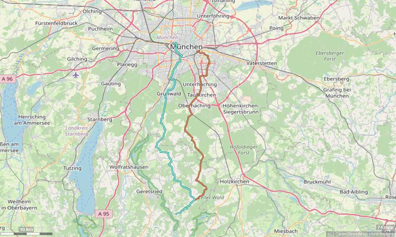 Karte mit Radrouten von München nach Dietramszell und Umgebung