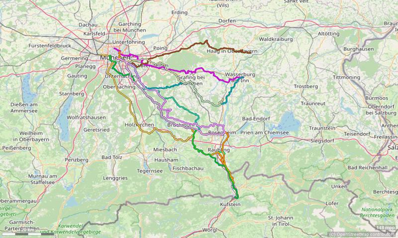 Karte mit Radrouten von München an den Inn: Wasserburg, Gars, Rosenheim, Neubeuern, Oberaudorf und Kiefersfelden