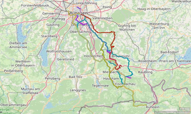 Karte mit Radrouten von München nach Fischbachau, Bayrischzell, auf die Tregleralm, in das Goldene Tal und weiteren Orten im Leitzachtal