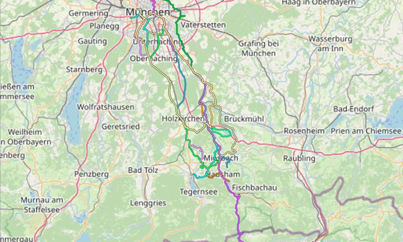 Karte mit Radrouten von München nach Weyarn, Miesbach, Schliersee und weiteren Orten im Miesbacher Oberland