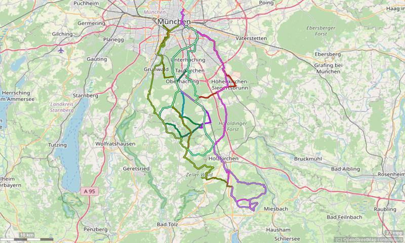 Karte mit Radrouten von München nach Holzkirchen, Warngau, Wall, Sauerlach und Umgebung