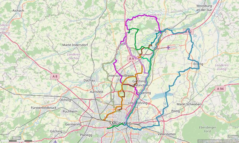 Karte mit Radrouten von München nach Freising, Moosburg, an den Kranzberger See und zu weiteren Zielen im Freisinger Land