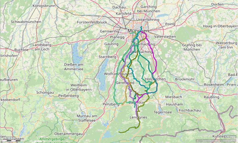 Karte mit Radrouten von München nach Bad Tölz, Lenggries, Bad Heilbrunn, in die Jachenau oder zum Kloster Reutberg mit dem Kirchsee.