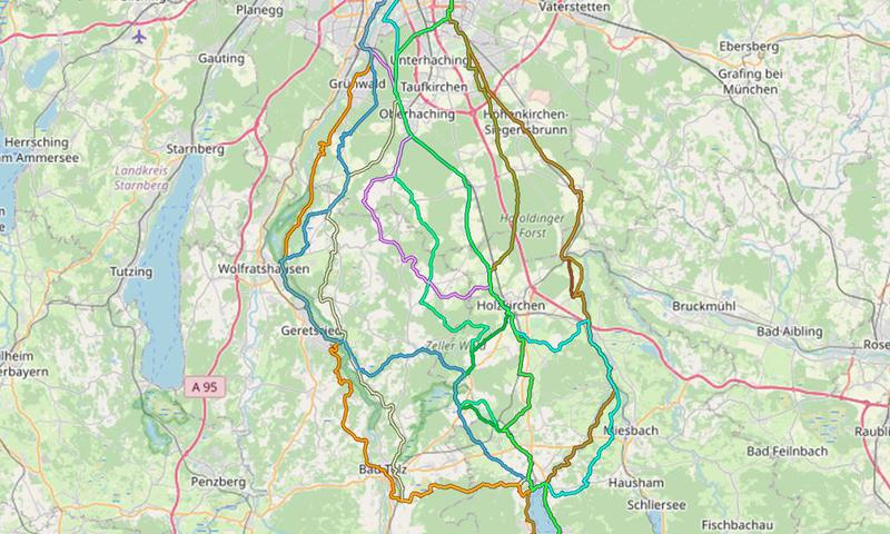 Karte mit Radrouten von München an den Tegernsee, nach Gmund, Rottach-Egern, Kreuth oder weiter bis an den Achensee